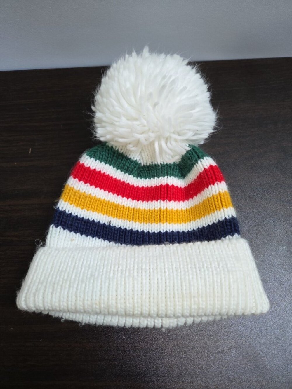 Hudson's Bay HBC Multi Colour Striped Wool Blend Knit Toque Hat Fox Fur Pom-Pom